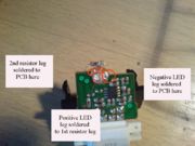 Steps 8+9. Soldering the LED to the PCB and Resistor